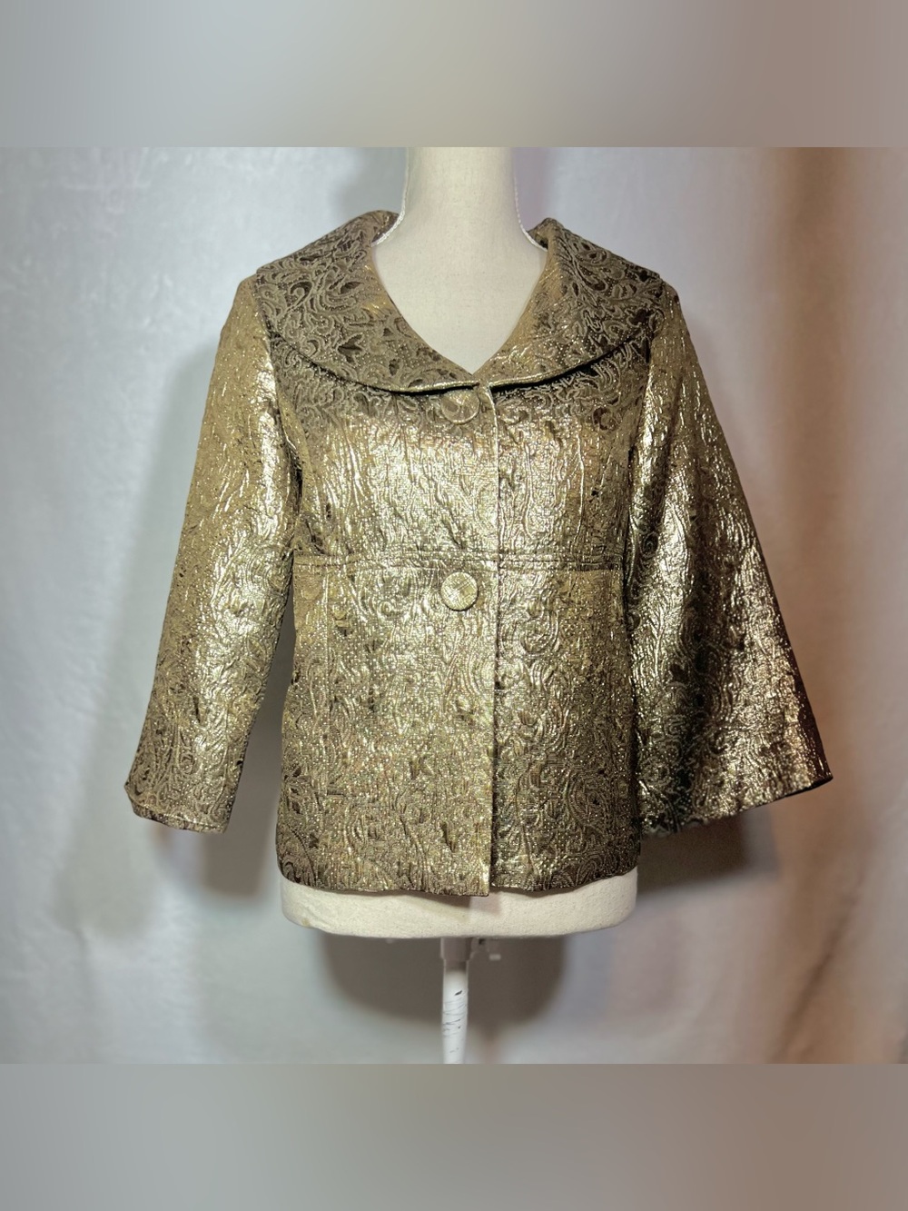 Elementz Gold Metallic Brocade Jacket Empire Waist Lined 3/4 Sleeve Size M - Picture 2 of 8